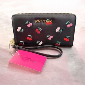 Betsey Johnson Black Cherry Embroidered Wristlet Wallet